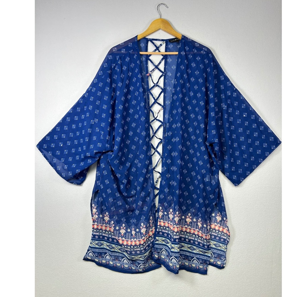 Boho Festival Derek Heart 3X Blue Kimono Sheer Lattice Lace Up Back Cardigan